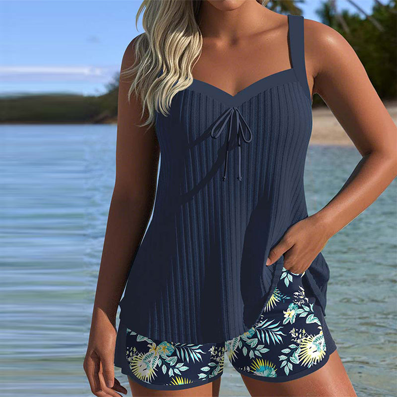 Ribbed Tie Front Tropical Short Tankini Set