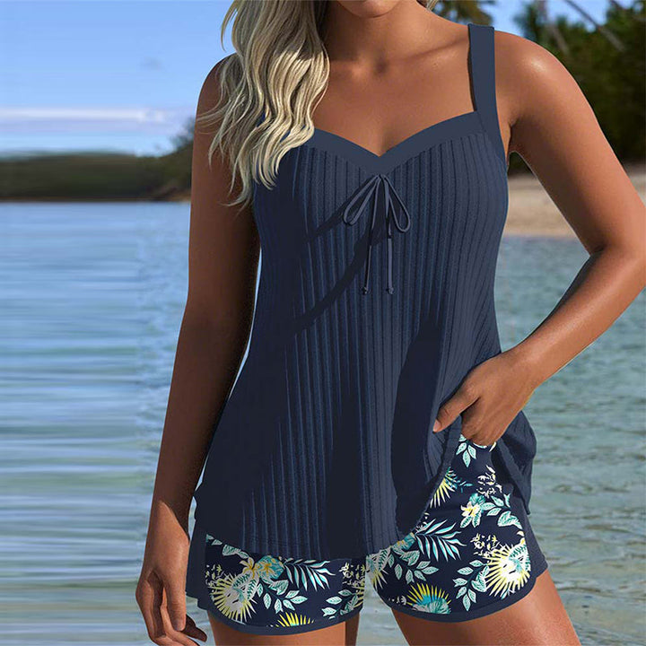 Ribbed Tie Front Tropical Short Tankini Set