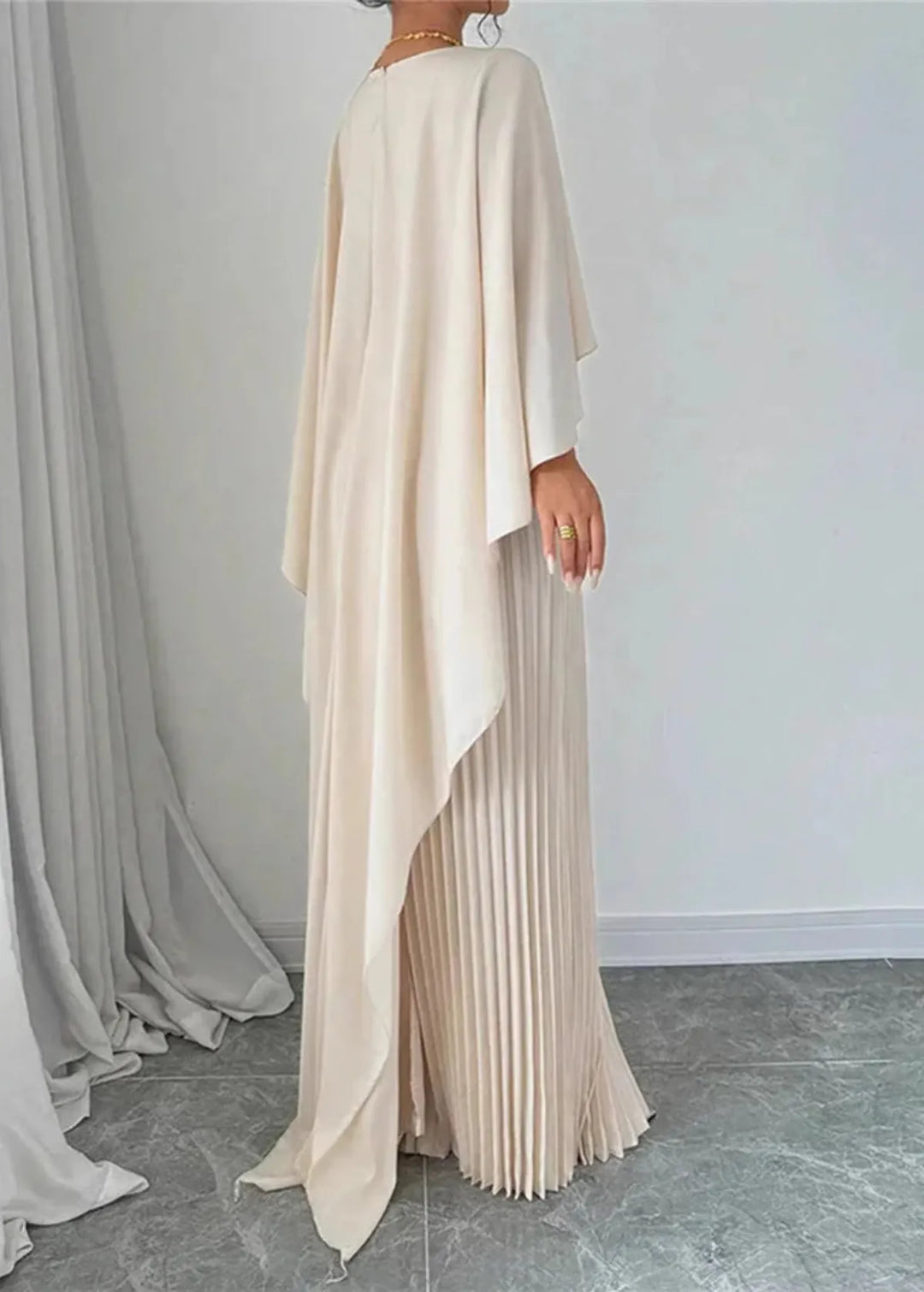Cape Overlay Bateau Neck Pleated Skirt Formal Maxi Dress - Wedding Guest