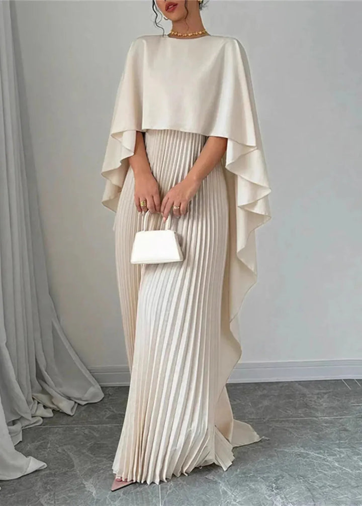 Cape Overlay Bateau Neck Pleated Skirt Formal Maxi Dress - Wedding Guest
