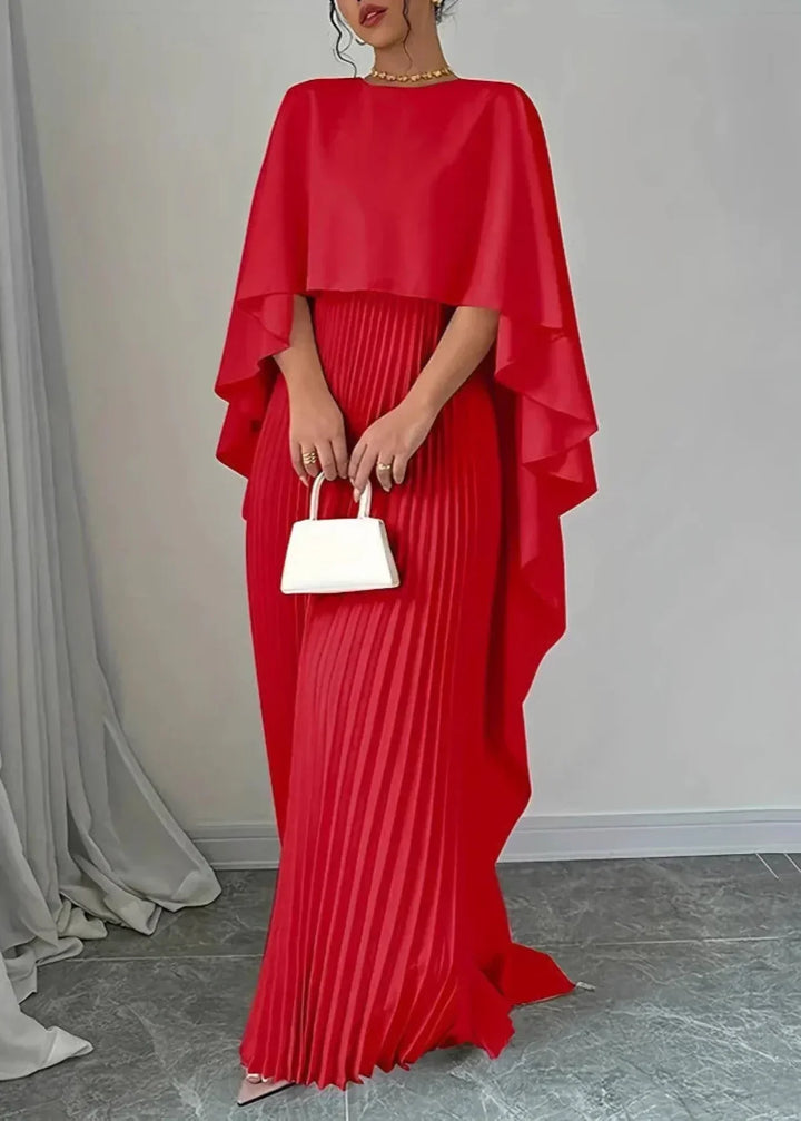 Cape Overlay Bateau Neck Pleated Skirt Formal Maxi Dress - Wedding Guest