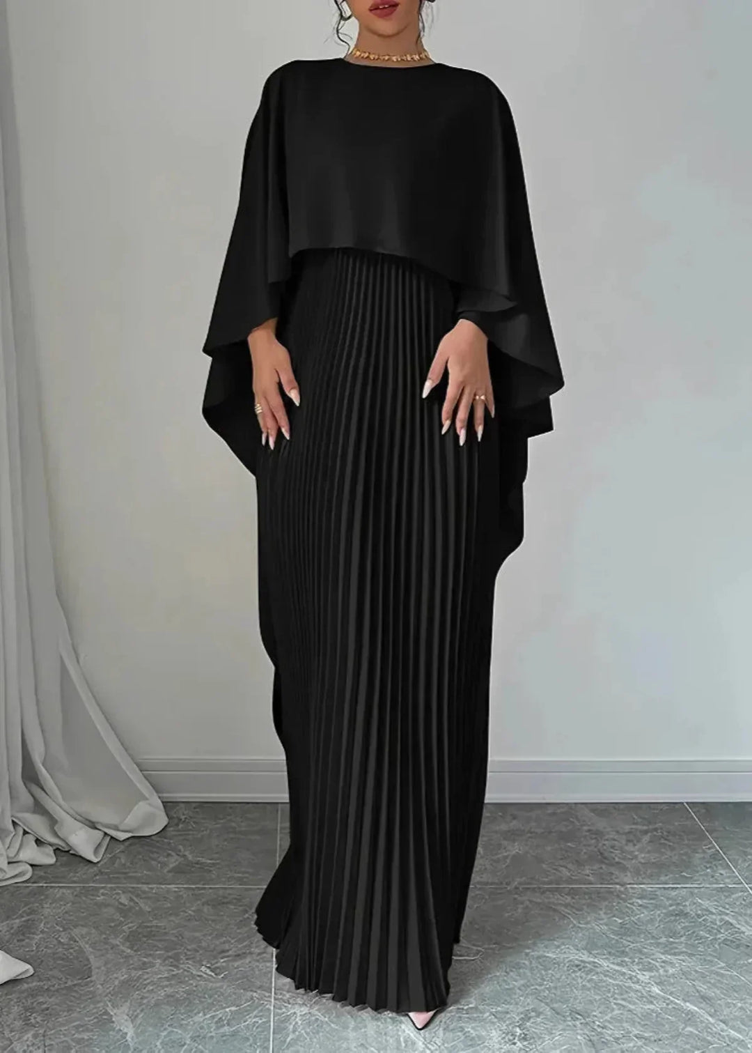 Cape Overlay Bateau Neck Pleated Skirt Formal Maxi Dress - Wedding Guest