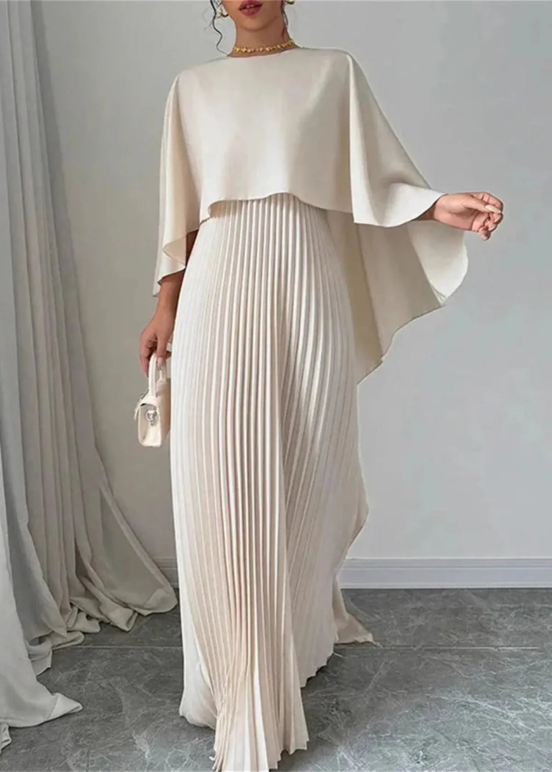 Cape Overlay Bateau Neck Pleated Skirt Formal Maxi Dress - Wedding Guest