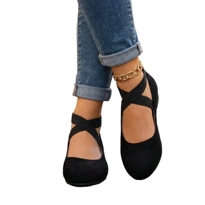 Suede Crossover Elastic Strap Closed Toe Wedge Sandal