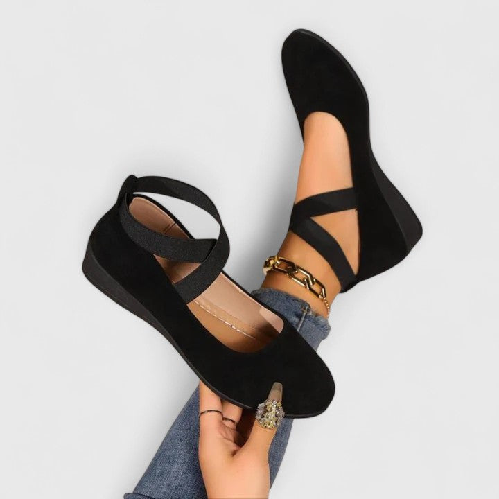 Suede Crossover Elastic Strap Closed Toe Wedge Sandal