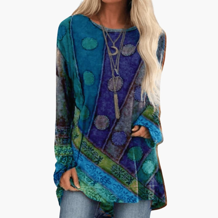 Abstract Patchwork Print Long Sleeve Boho Tunic Top
