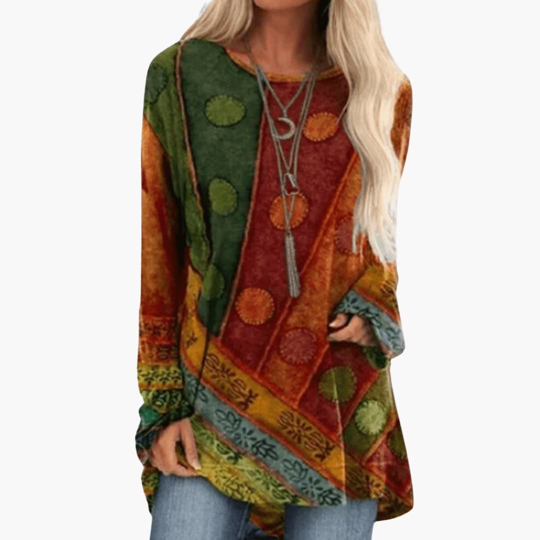 Abstract Patchwork Print Long Sleeve Boho Tunic Top