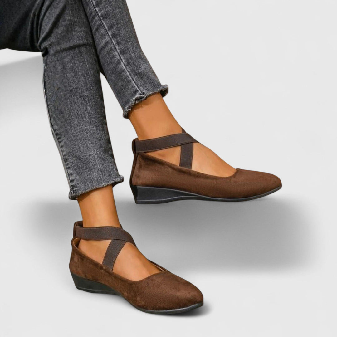 Suede Crossover Elastic Strap Closed Toe Wedge Sandal