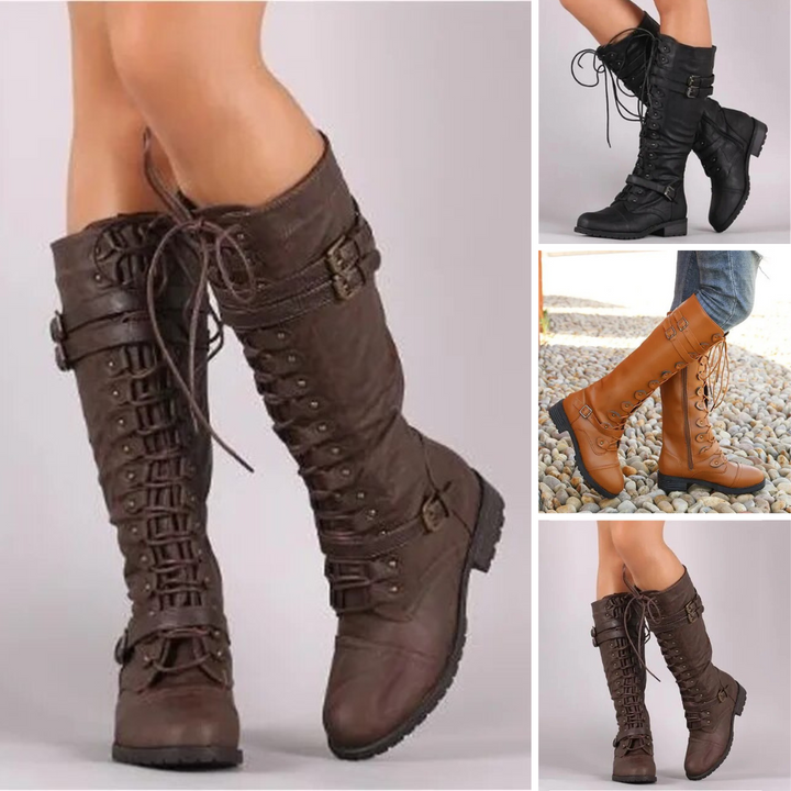 Lulu | Women's Knee-High Combat Boots with Lace-Up Buckle Straps