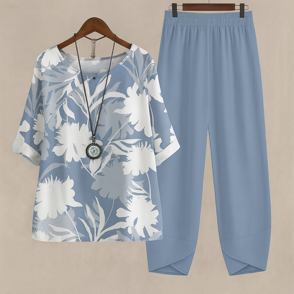 Botanical Print Wide Leg Two Piece Set for Casual Style