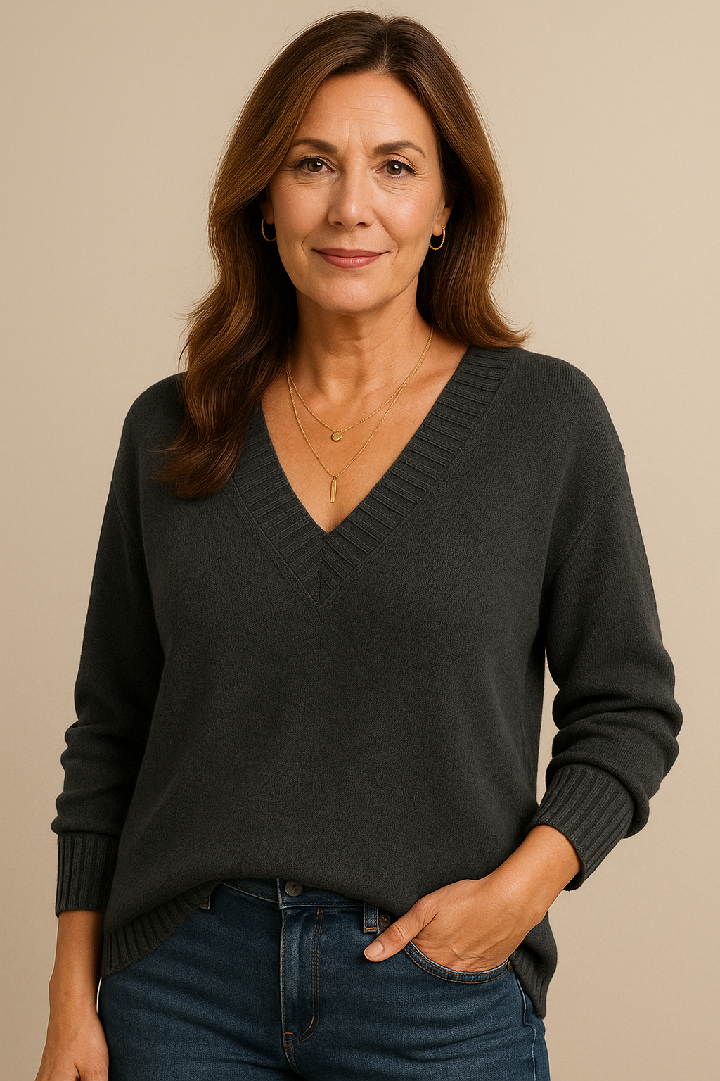 Adeline | Women's Deep V-Neck Ribbed Collar Sweater