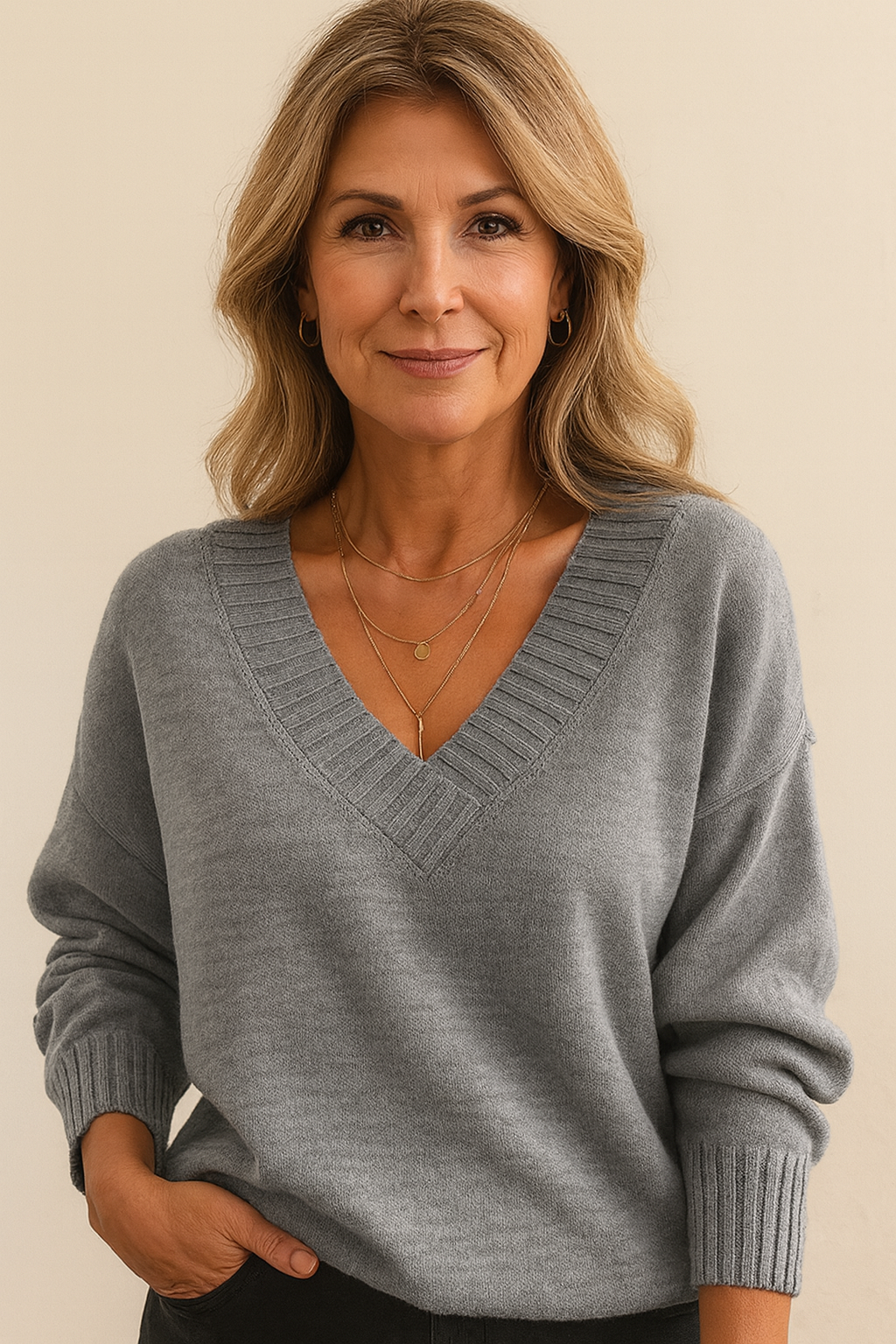 Adeline | Women's Deep V-Neck Ribbed Collar Sweater