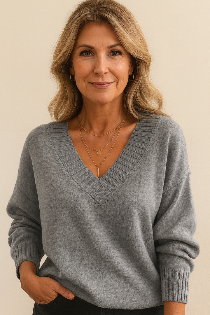 Adeline | Women's Deep V-Neck Ribbed Collar Sweater