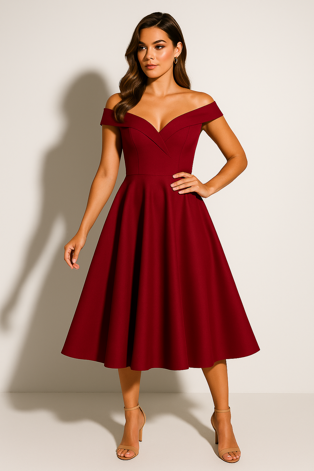 Off Shoulder Sweetheart Fit Flare Midi Dress - Formal Evening Gown
