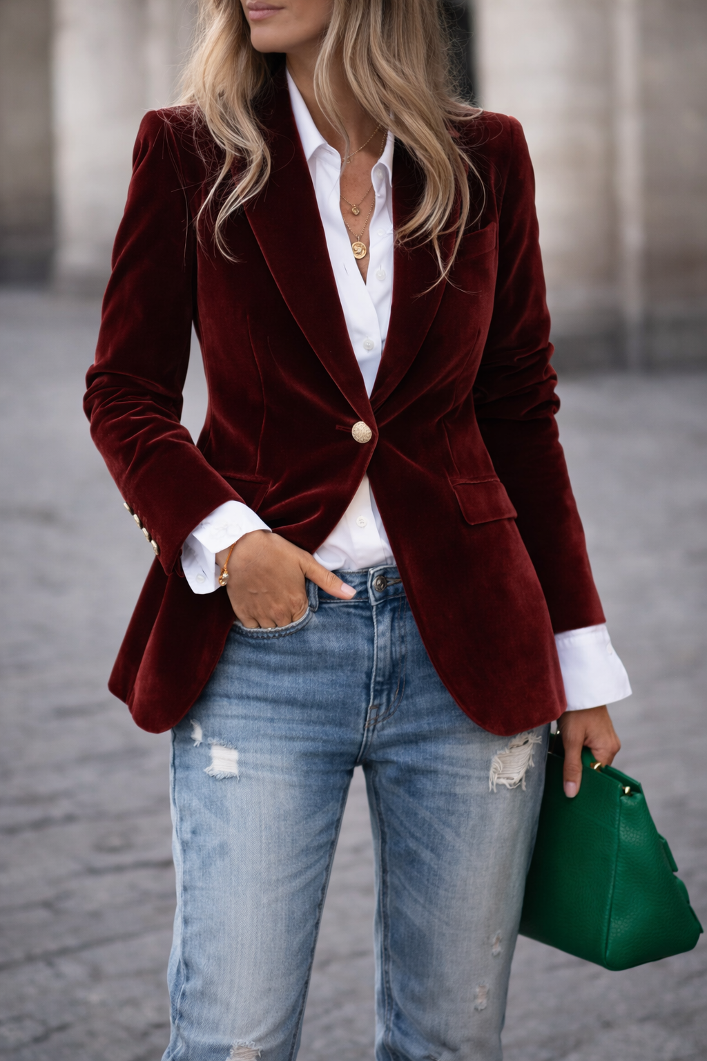Gold Button Cuff Peak Lapel Slim Fit Velvet Blazer