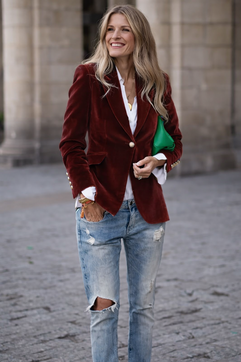 Gold Button Cuff Peak Lapel Slim Fit Velvet Blazer