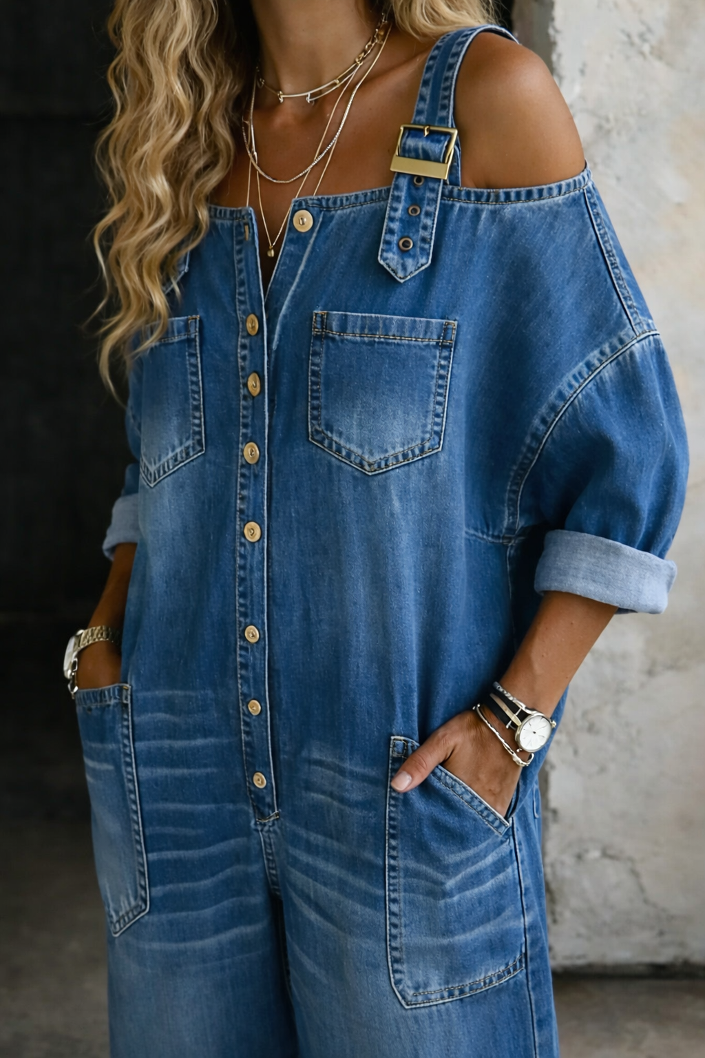 Wide Leg Denim Dungaree Jumpsuit