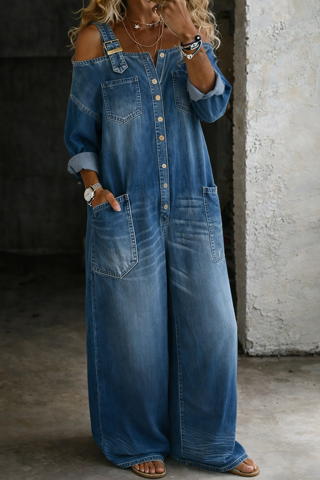 Wide Leg Denim Dungaree Jumpsuit