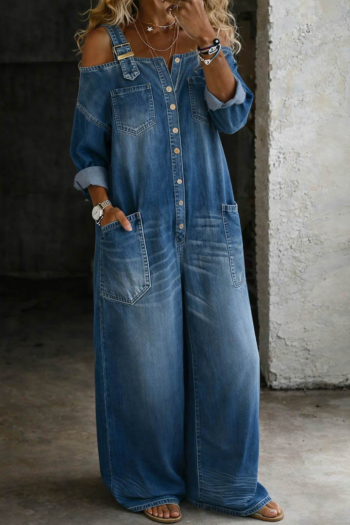 Wide Leg Denim Dungaree Jumpsuit