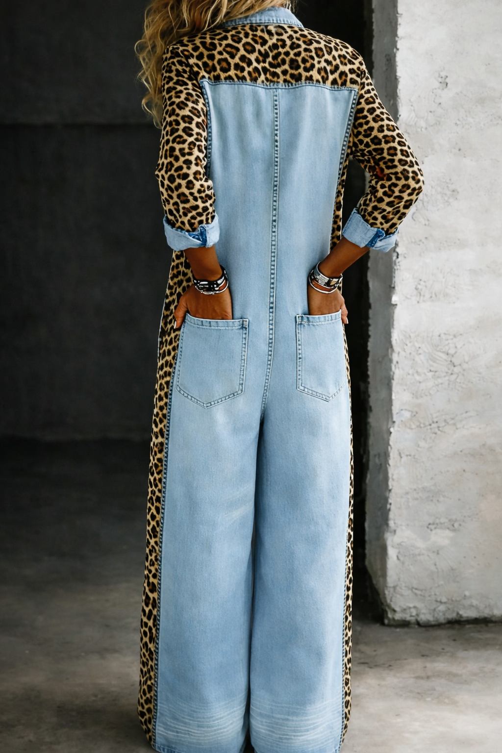 Leopard Print Denim Colorblock Jumpsuit