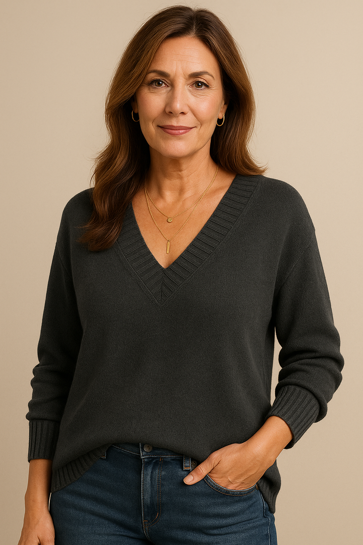 Adeline | Women's Deep V-Neck Ribbed Collar Sweater