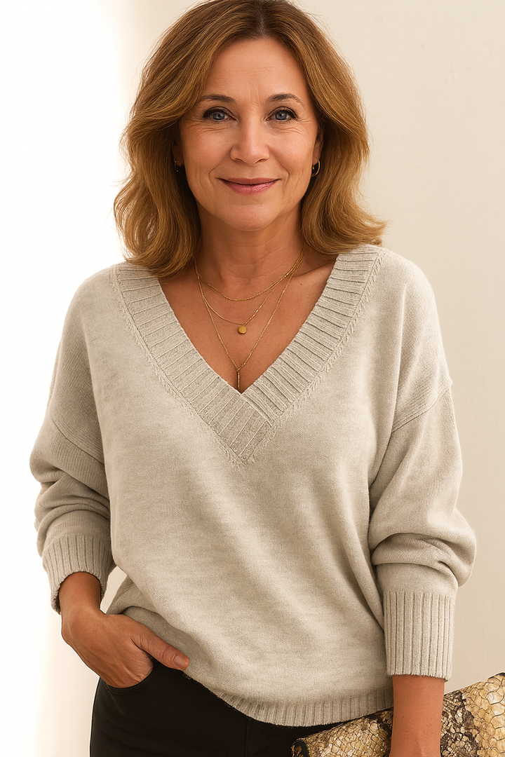 Adeline | Women's Deep V-Neck Ribbed Collar Sweater