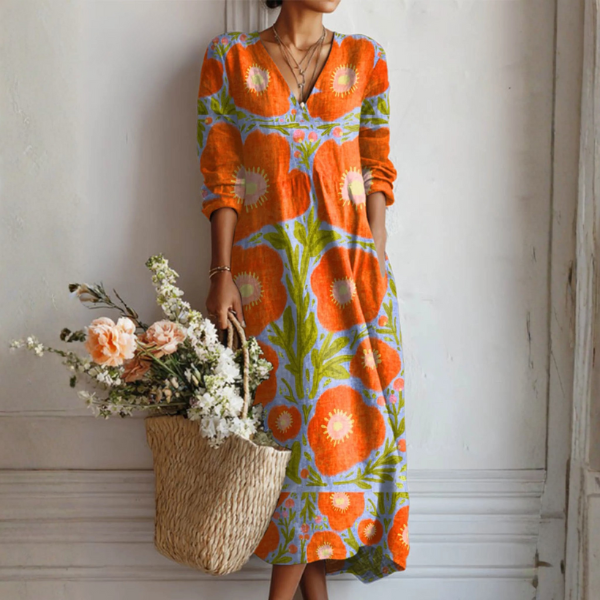 Bold Retro Floral Print V Neck Long Sleeve Boho Maxi Dress