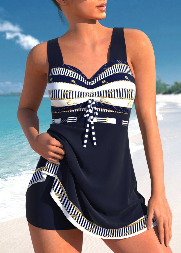 Nautical Striped Anchor Print Tie Front Skirted Tankini Set