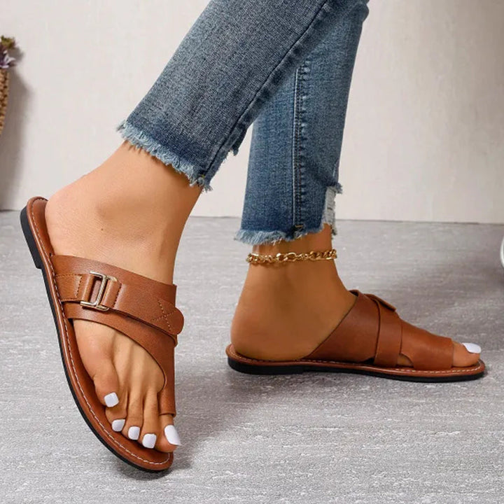 Toe Loop Buckle Strap Crossover Flat Slide Sandals