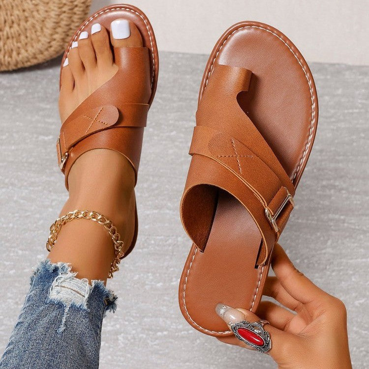 Toe Loop Buckle Strap Crossover Flat Slide Sandals