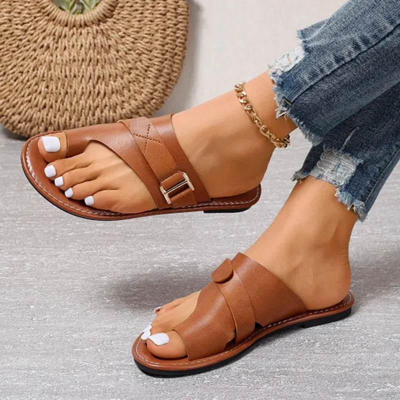 Toe Loop Buckle Strap Crossover Flat Slide Sandals