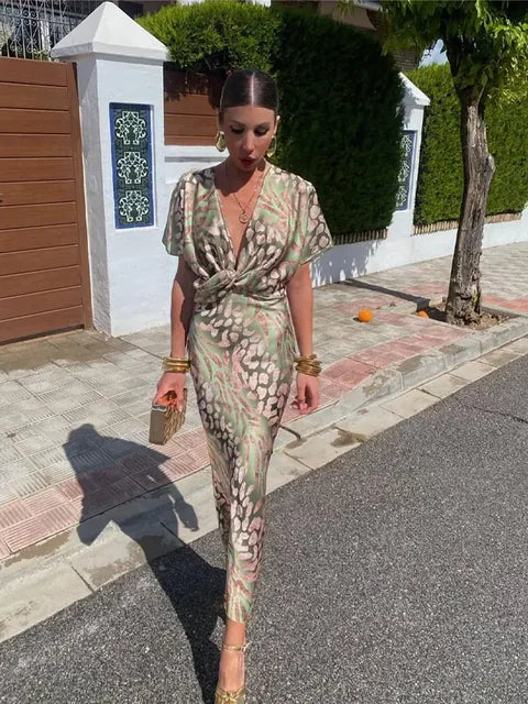 Metallic Abstract Print Twist Front Batwing Sleeve Midi Dress