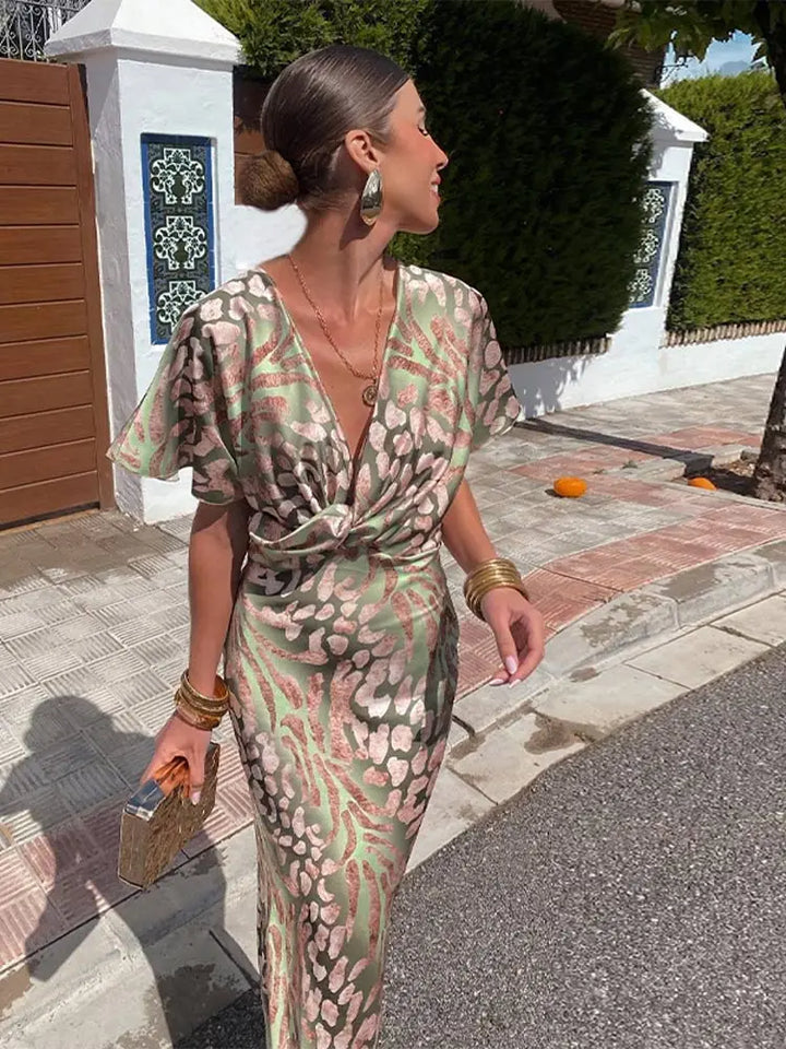 Metallic Abstract Print Twist Front Batwing Sleeve Midi Dress