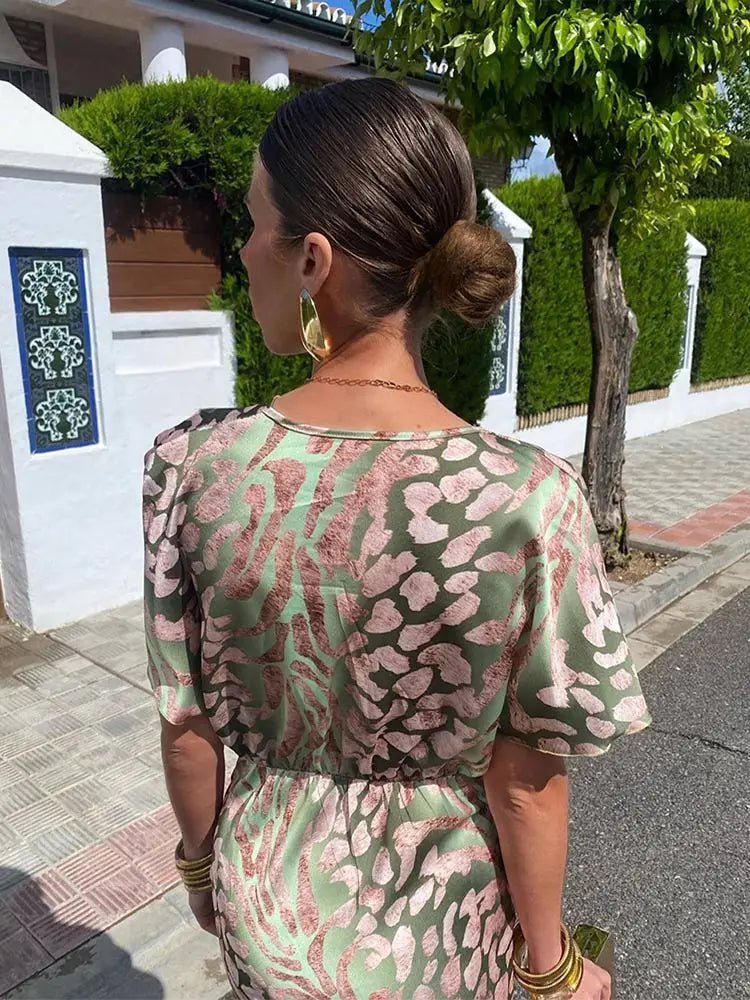 Metallic Abstract Print Twist Front Batwing Sleeve Midi Dress