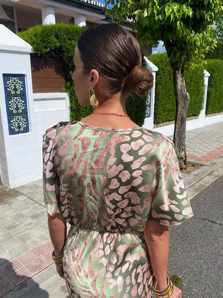 Metallic Abstract Print Twist Front Batwing Sleeve Midi Dress
