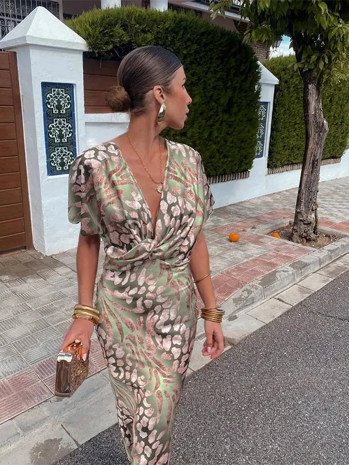 Metallic Abstract Print Twist Front Batwing Sleeve Midi Dress