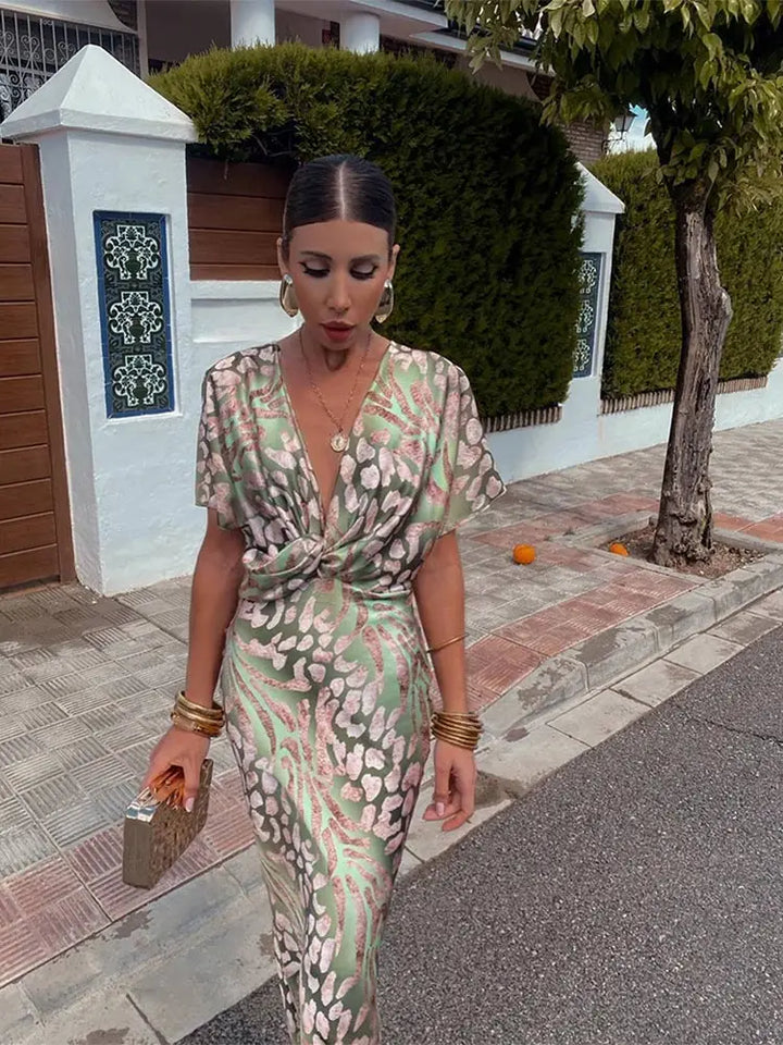 Metallic Abstract Print Twist Front Batwing Sleeve Midi Dress