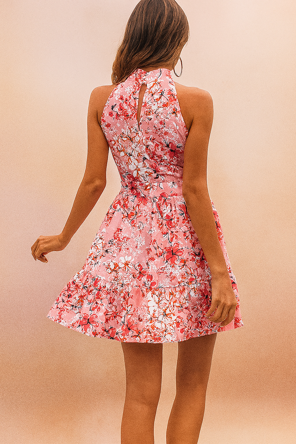 Floral Halter Neck Belted Ruffle Hem Mini Dress