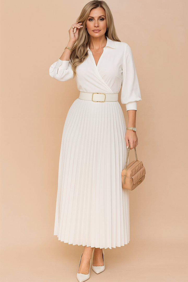 Elegant Pleated Belted Shirt Midi Dress - Wedding Guest