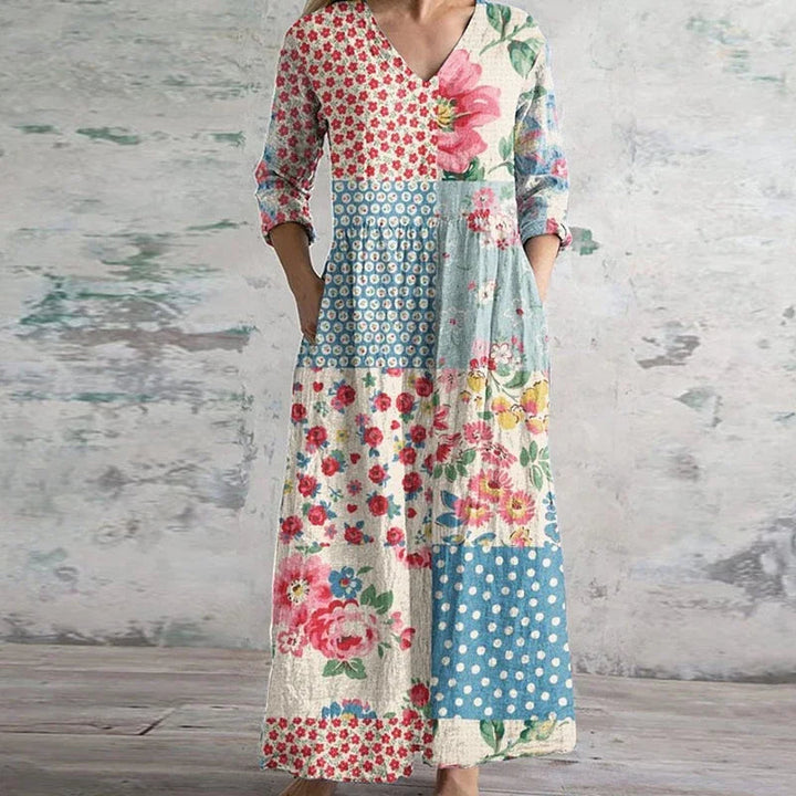 Floral Patchwork Print Boho Cotton Maxi Dress