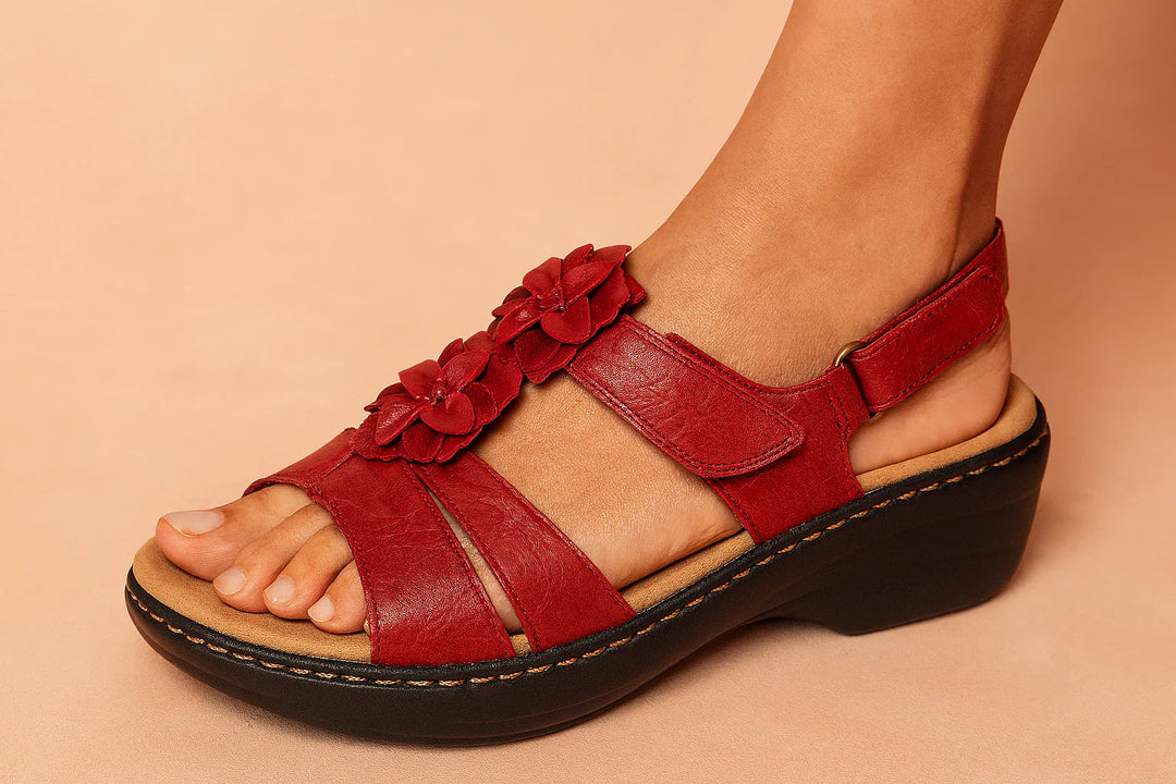 Floral Appliqué T-Bar Ankle Strap Low Wedge Sandal