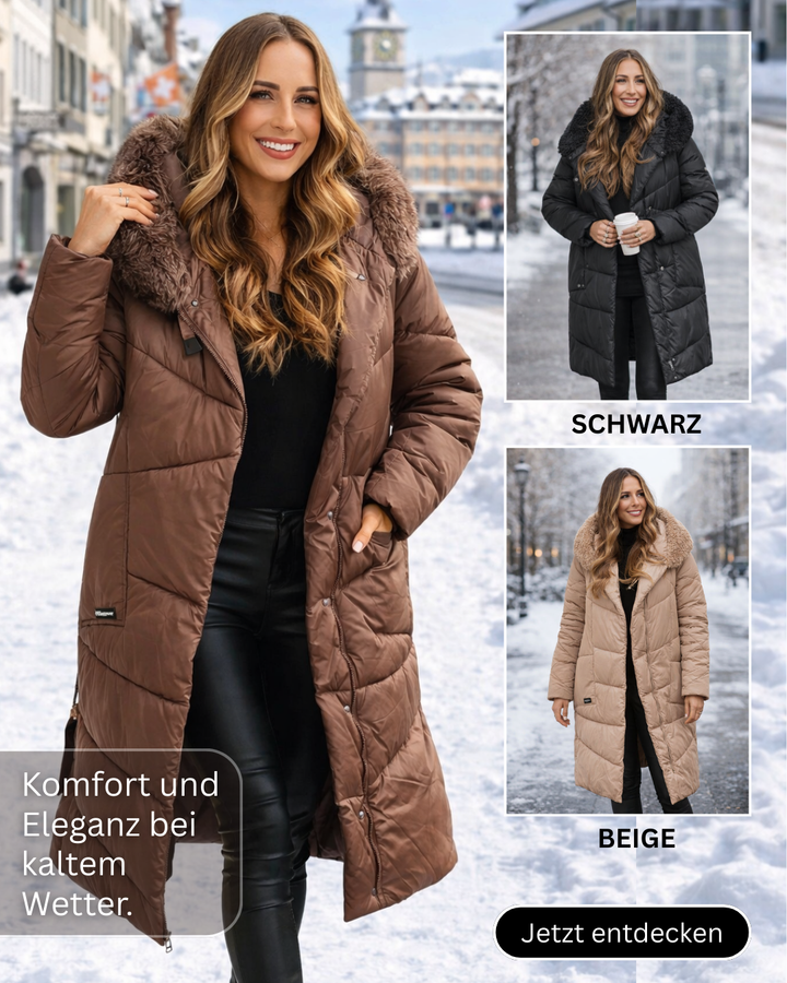 Solveig | Women's Long Quilted Puffer Coat with Faux Fur Hood
