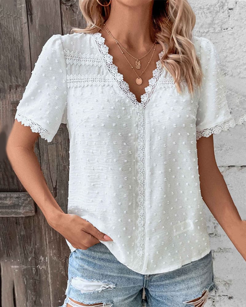 Swiss Dot Lace Trim V Neck Boho Casual Blouse