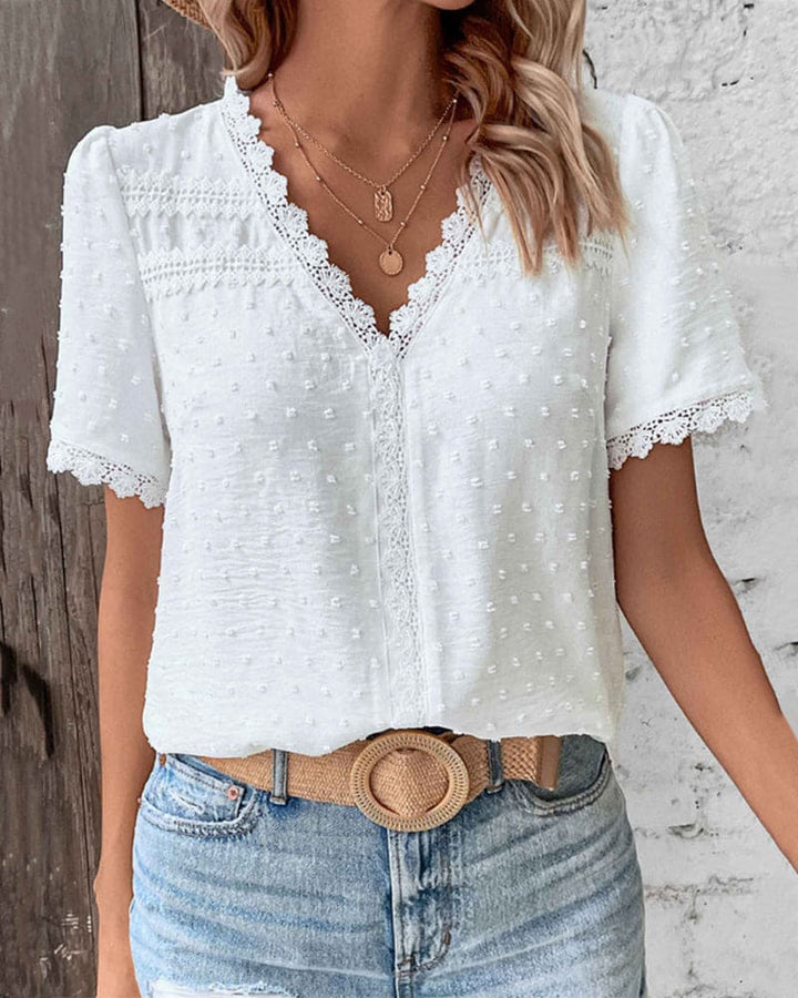 Swiss Dot Lace Trim V Neck Boho Casual Blouse