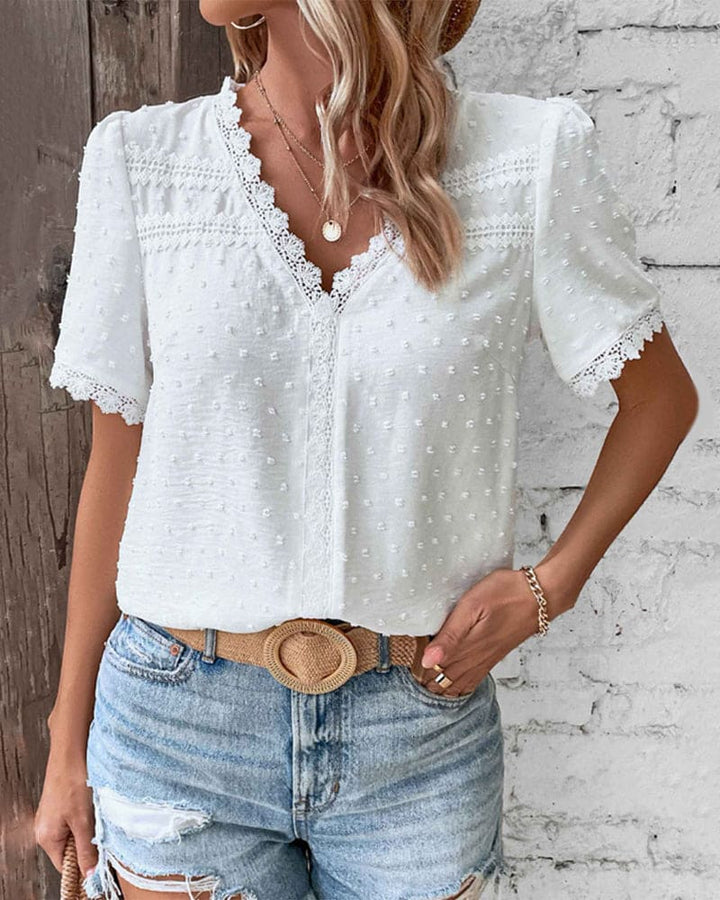 Swiss Dot Lace Trim V Neck Boho Casual Blouse