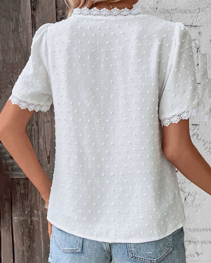 Swiss Dot Lace Trim V Neck Boho Casual Blouse