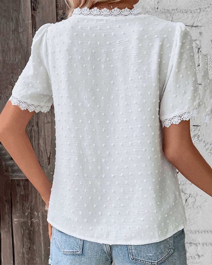 Swiss Dot Lace Trim V Neck Boho Casual Blouse