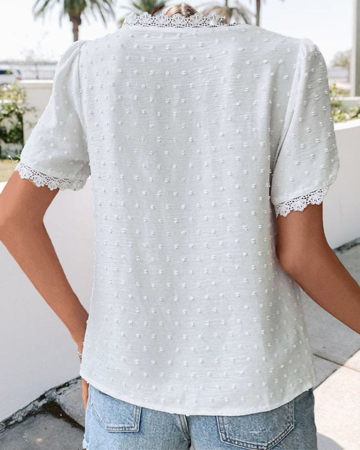 Swiss Dot Lace Trim V Neck Boho Casual Blouse