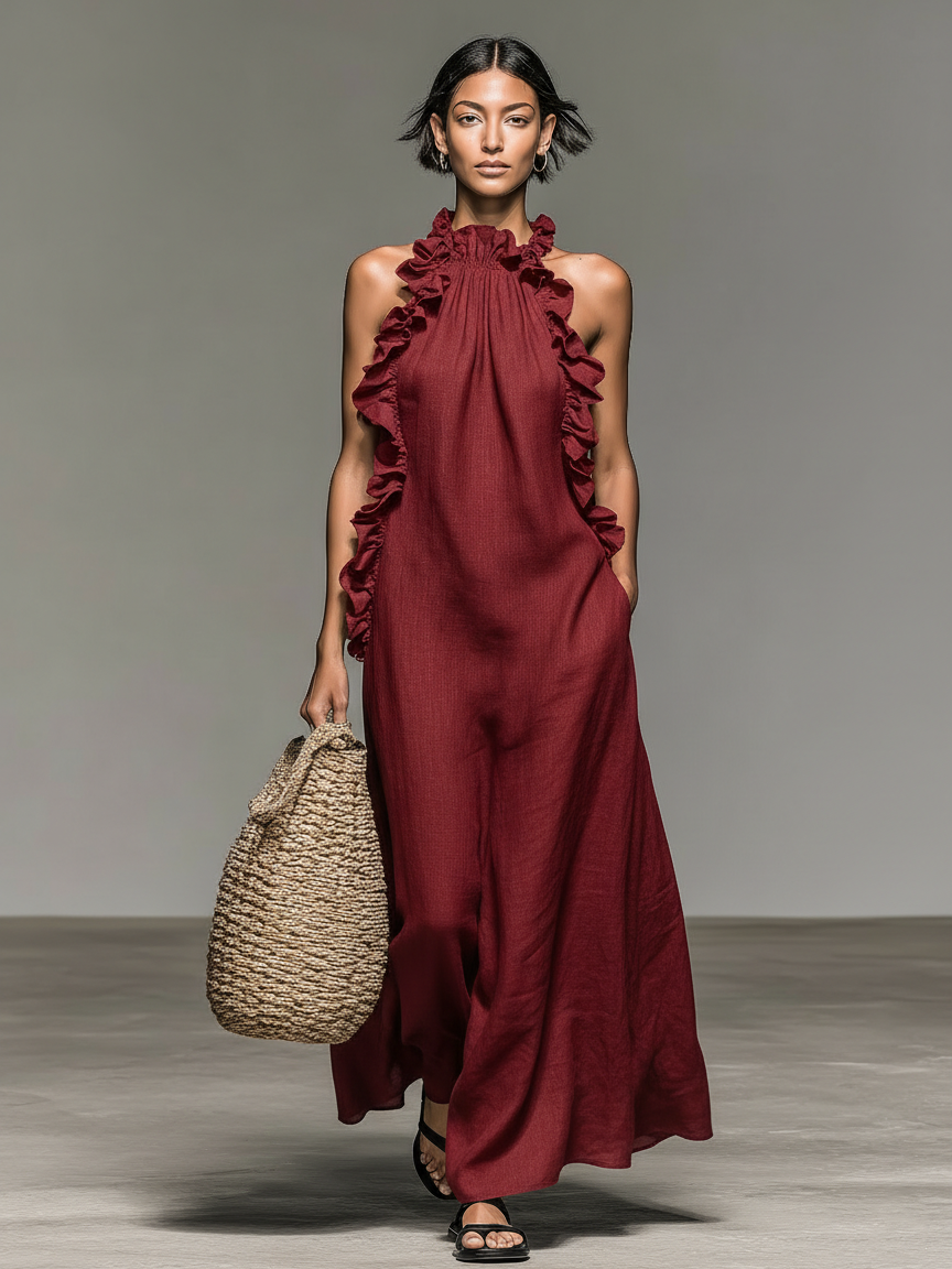 Ruffle Trim Halter Neck Sleeveless Linen Maxi Dress