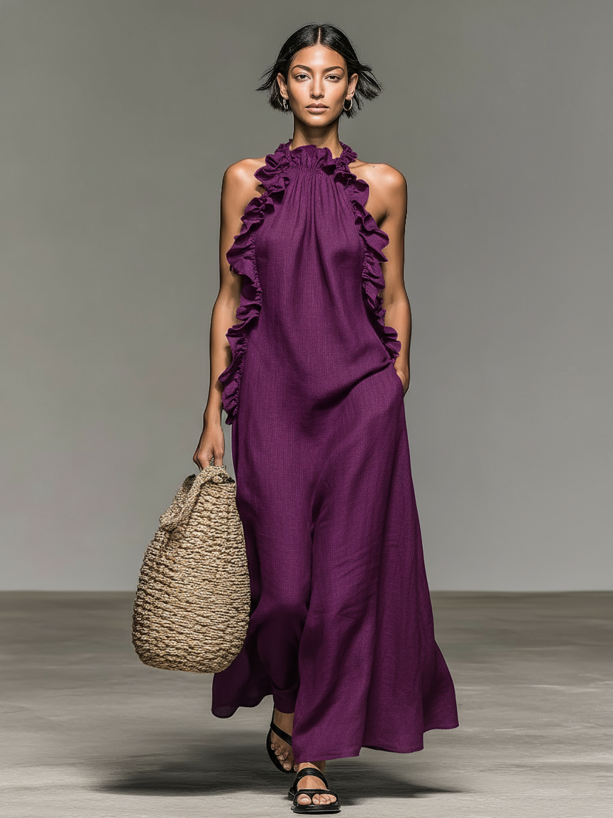 Ruffle Trim Halter Neck Sleeveless Linen Maxi Dress